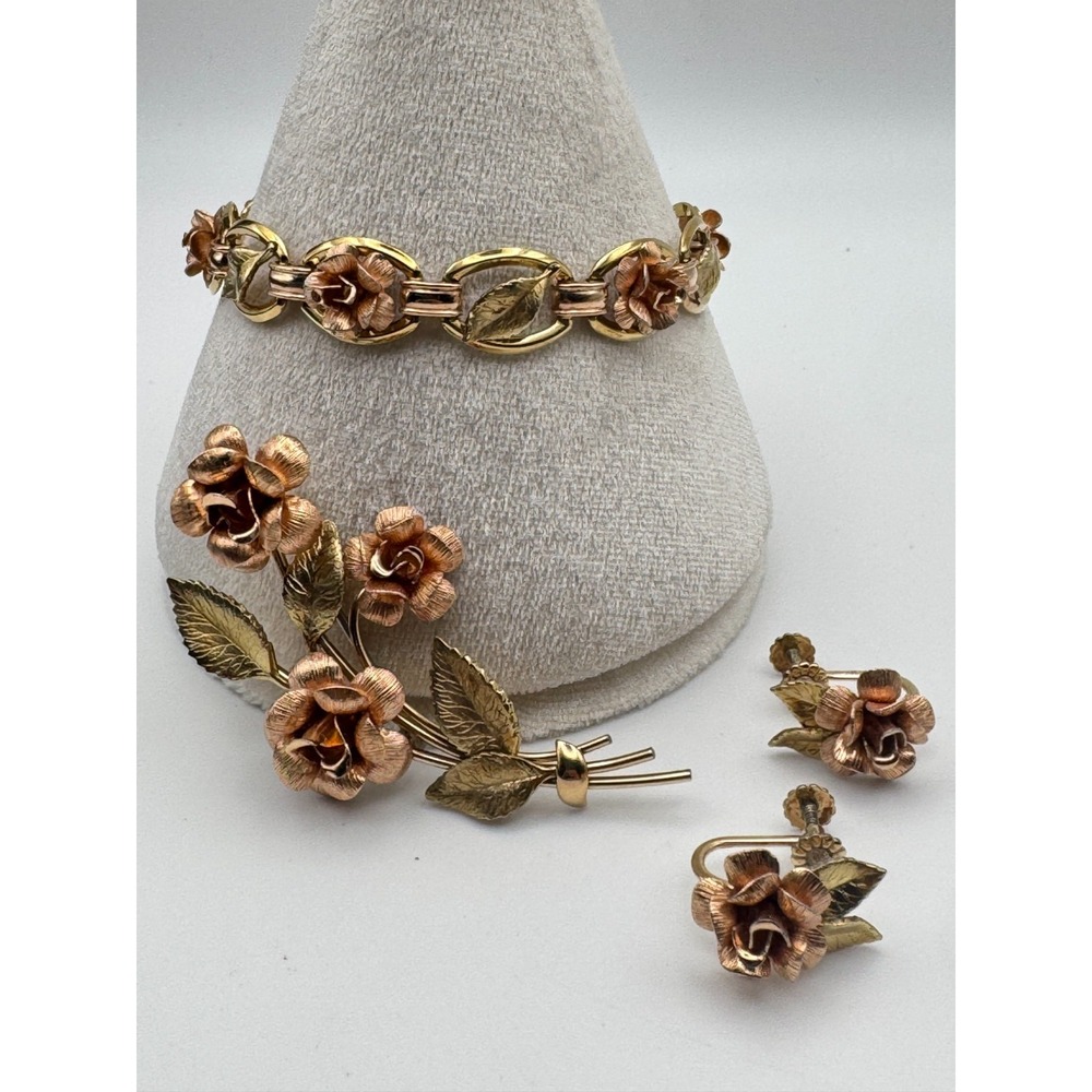 Vintage Krementz Bracelet Brooch Earrings Set Two Tone Rose